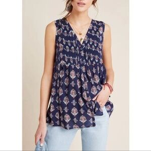Anthropologie Maeve Bailee Pleated top Navy Blue Floral - X-Small
